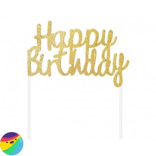 Topper za na torto Happy Birthday zlat z bleščicami